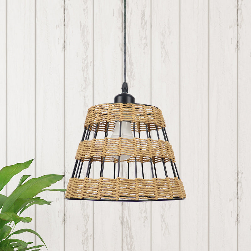 Asian Style Cone Hanging Light Fixture Metal and Rattan 1/3-Head Restaurant Pendant Lamp in Beige