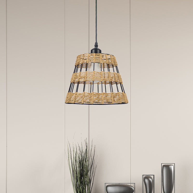 Asian Style Cone Hanging Light Fixture Metal and Rattan 1/3-Head Restaurant Pendant Lamp in Beige