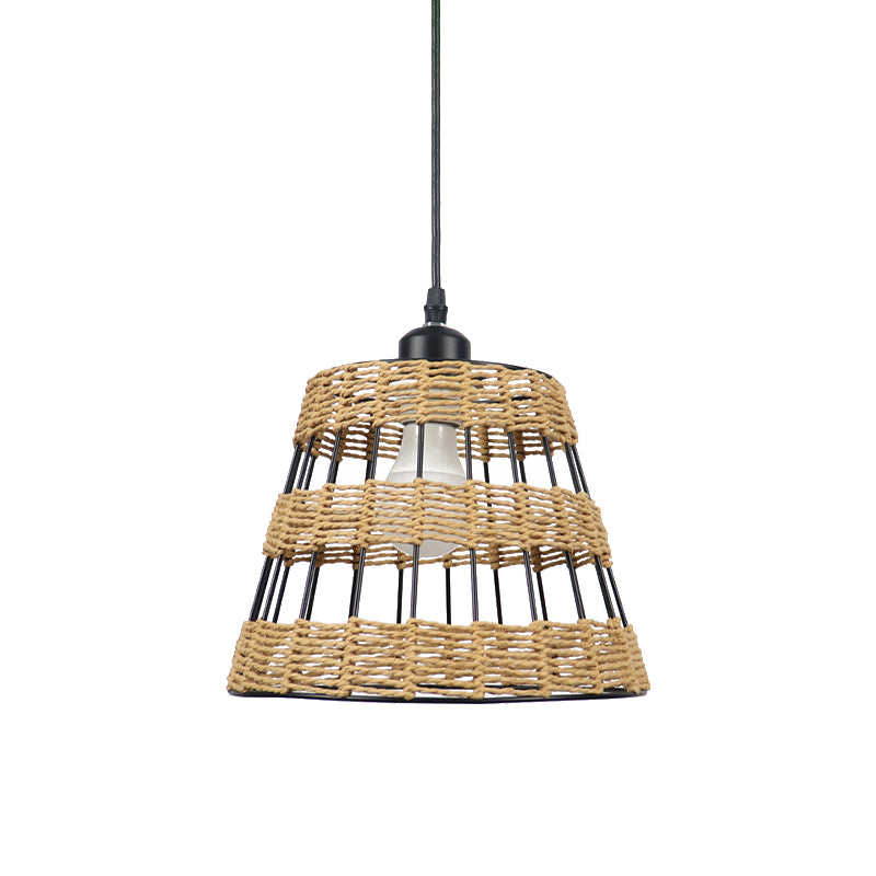 Asian Style Cone Hanging Light Fixture Metal and Rattan 1/3-Head Restaurant Pendant Lamp in Beige