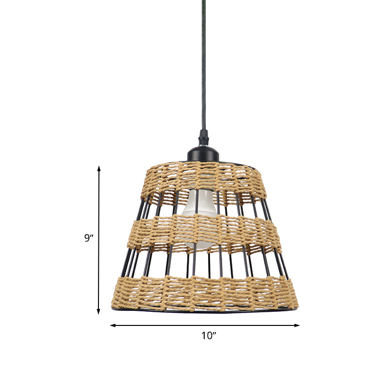 Asian Style Cone Hanging Light Fixture Metal and Rattan 1/3-Head Restaurant Pendant Lamp in Beige