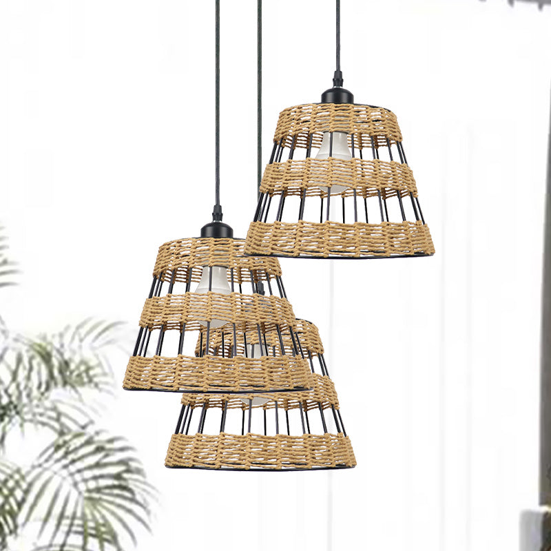 Asian Style Cone Hanging Light Fixture Metal and Rattan 1/3-Head Restaurant Pendant Lamp in Beige