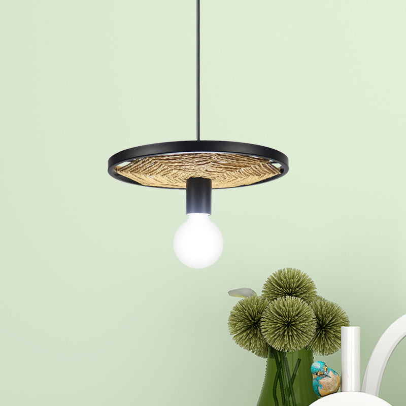 Metallic Ring Pendant Lighting Modern Style 1/3-Light Black Finish Ceiling Lamp with Rope Detail for Dining Room