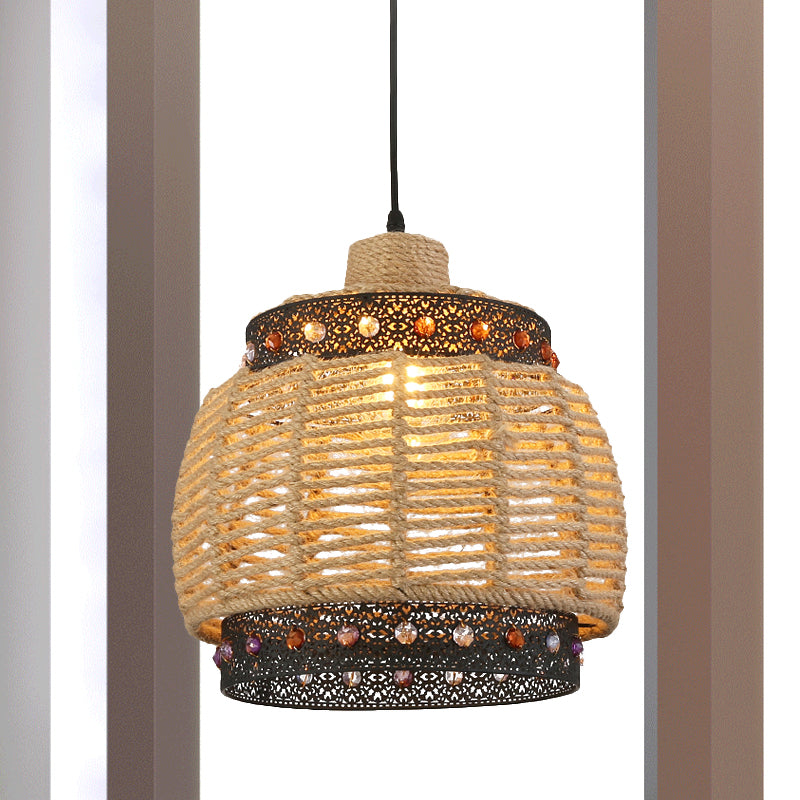 Beige Hand Woven Pendant Lighting Countryside 1 Light Rope and Metal Hanging Lamp with Jewels Accent