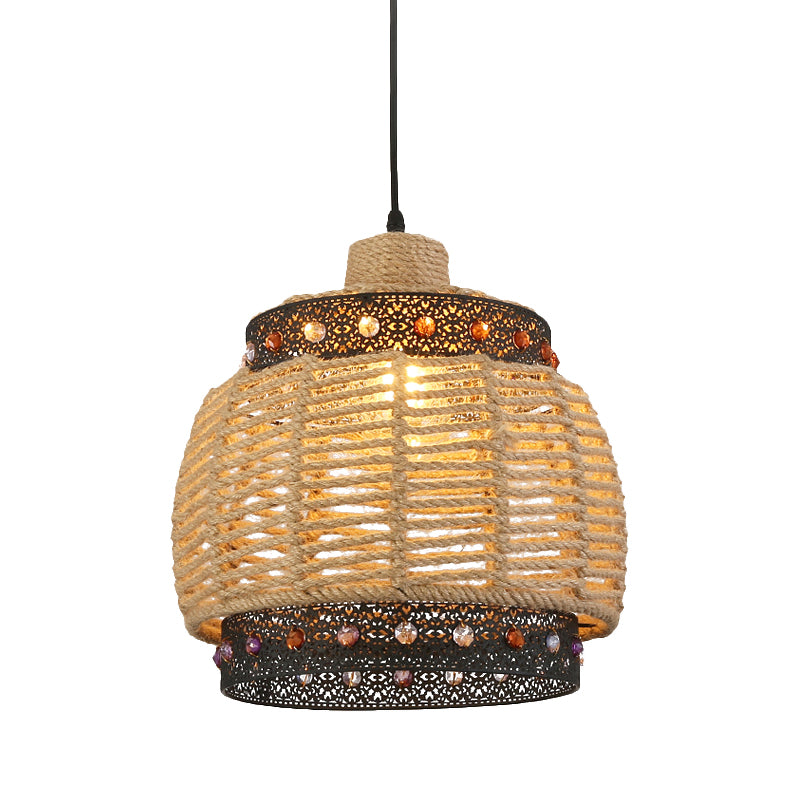 Beige Hand Woven Pendant Lighting Countryside 1 Light Rope and Metal Hanging Lamp with Jewels Accent