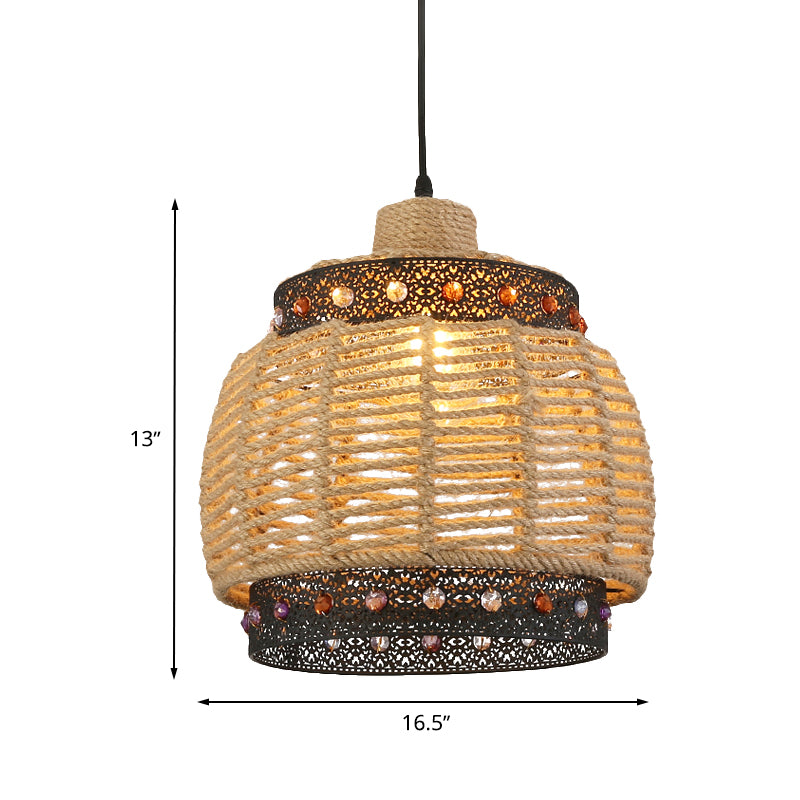Beige Hand Woven Pendant Lighting Countryside 1 Light Rope and Metal Hanging Lamp with Jewels Accent