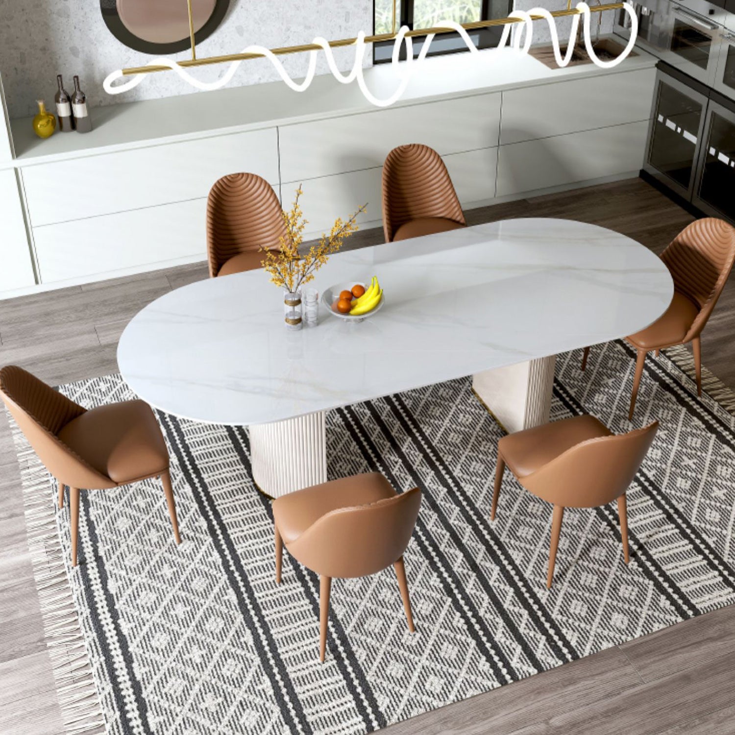 Modern Stone Top Dining Table Oval Table with Sled Base in White