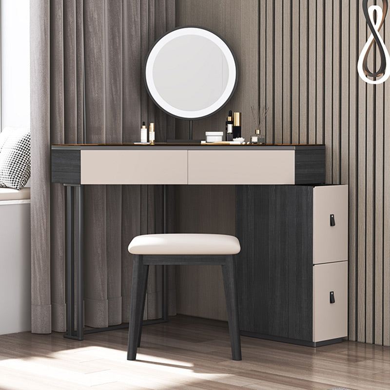 Modern Corner Vanity Table Stool and Mirror Set Glass Top 4-Drawer Dresser