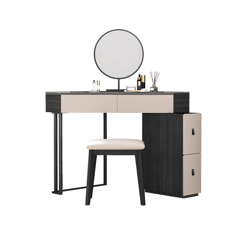Modern Corner Vanity Table Stool and Mirror Set Glass Top 4-Drawer Dresser