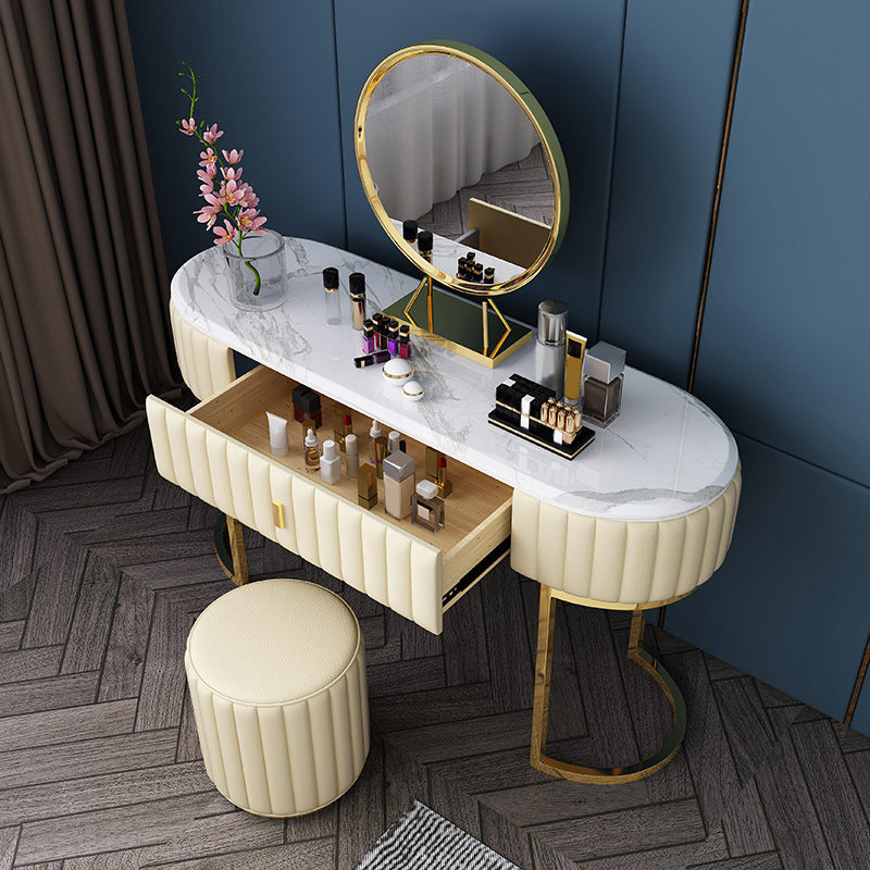 Stone Top Oval Vanity Table Mirrored Metal Makeup Dressing Table