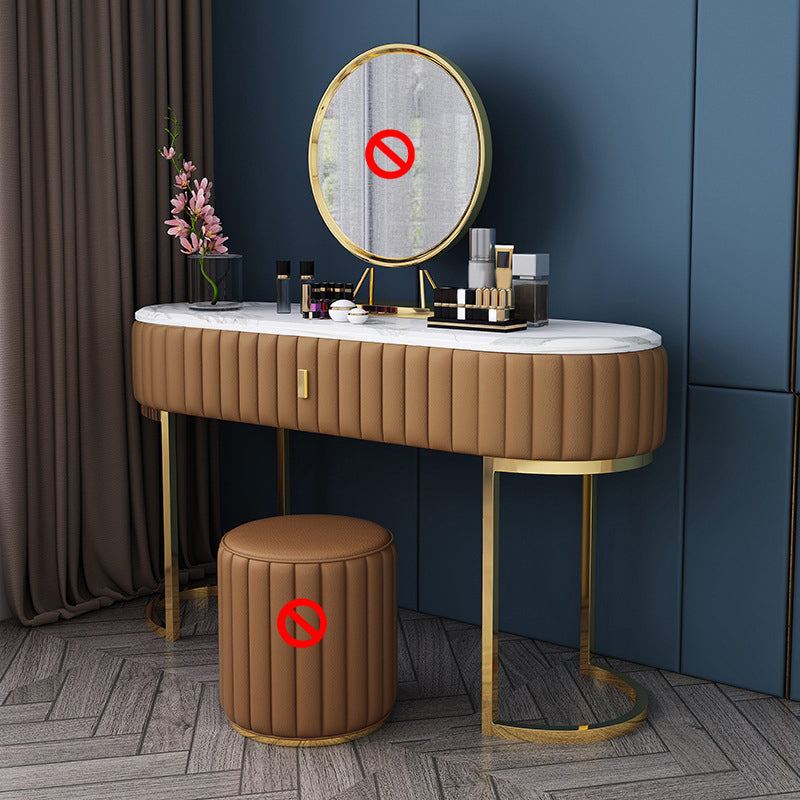 Stone Top Oval Vanity Table Mirrored Metal Makeup Dressing Table