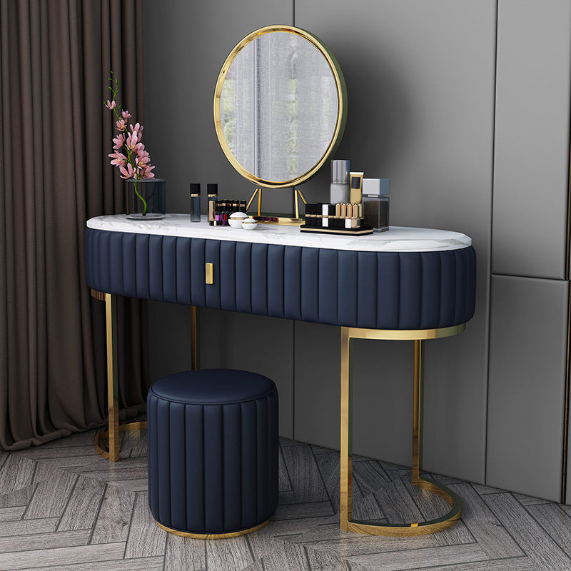 Stone Top Oval Vanity Table Mirrored Metal Makeup Dressing Table