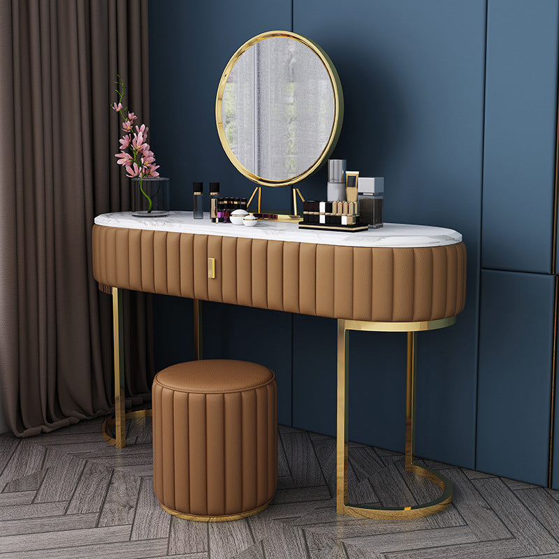 Stone Top Oval Vanity Table Mirrored Metal Makeup Dressing Table