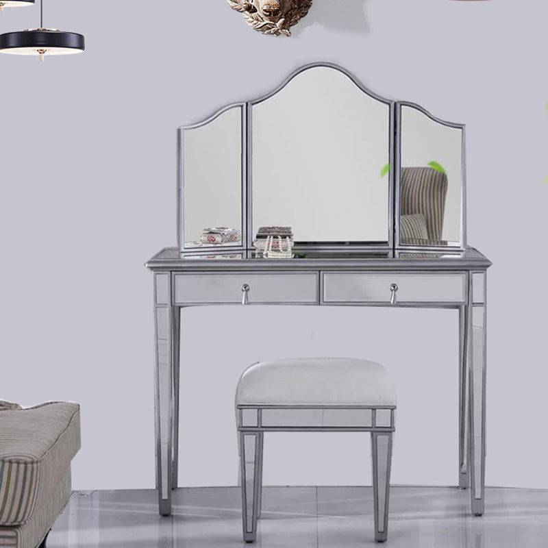 2 Drawers Mirrored Makeup Table and Stool Set Vanity for Women in Silver
