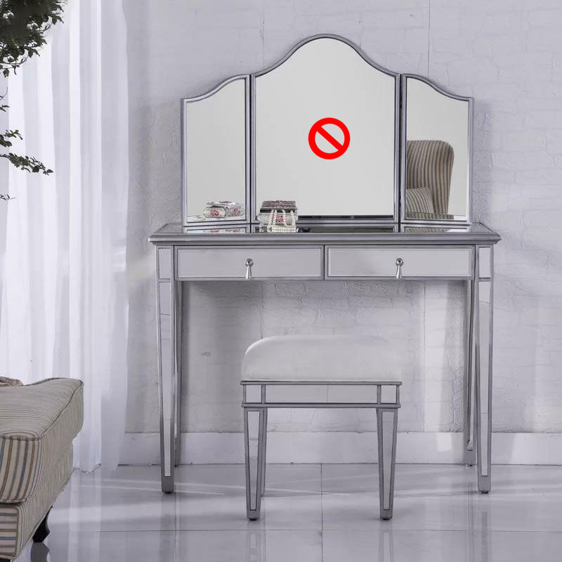 2 Drawers Mirrored Makeup Table and Stool Set Vanity for Women in Silver