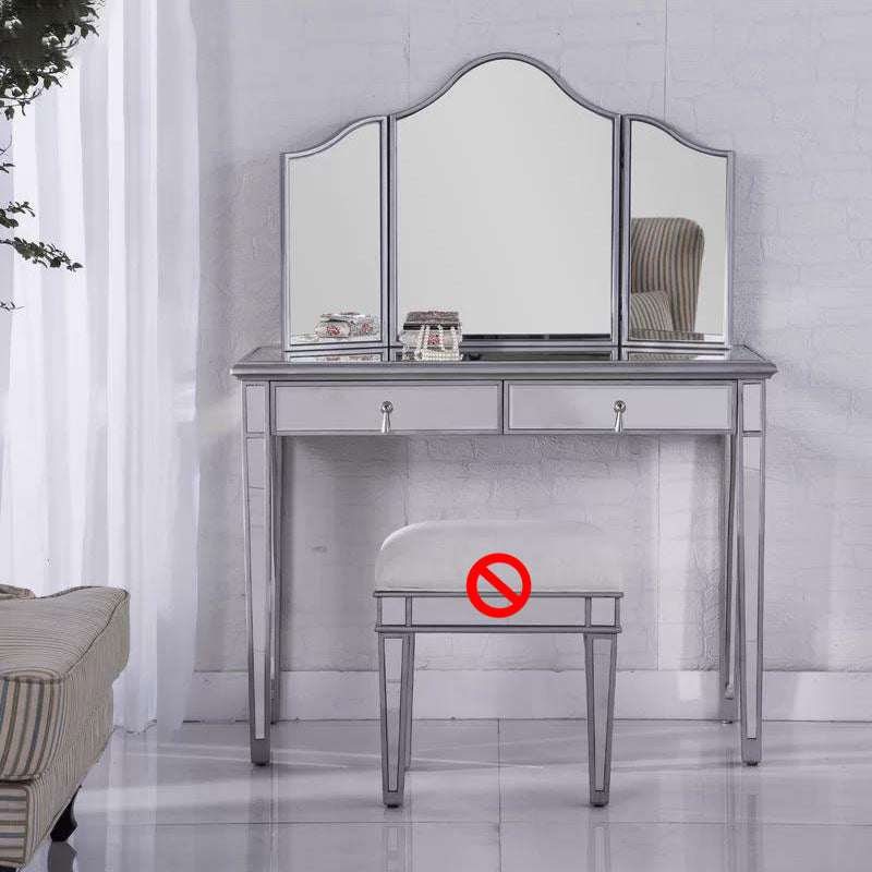 2 Drawers Mirrored Makeup Table and Stool Set Vanity for Women in Silver