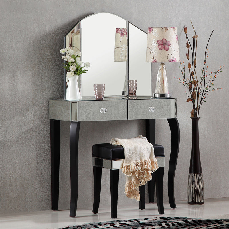 Tri-Folding Mirror Vanity Table Set 31.5" Wide 2-drawer Mirrored Vanity Desk