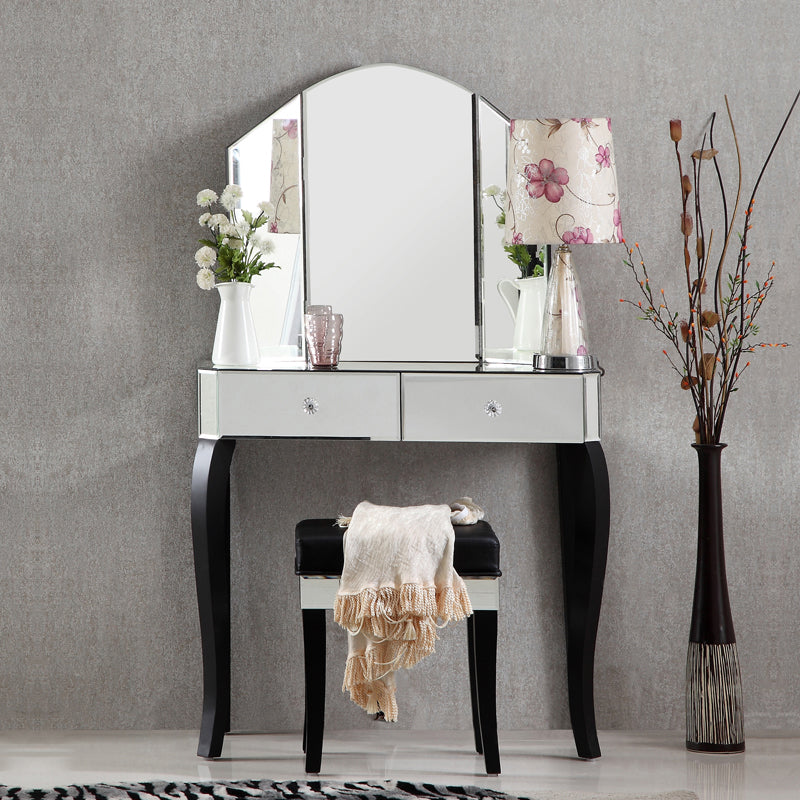Tri-Folding Mirror Vanity Table Set 31.5" Wide 2-drawer Mirrored Vanity Desk