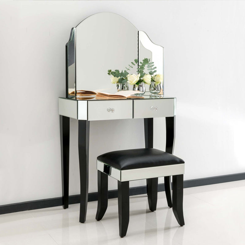 Tri-Folding Mirror Vanity Table Set 31.5" Wide 2-drawer Mirrored Vanity Desk