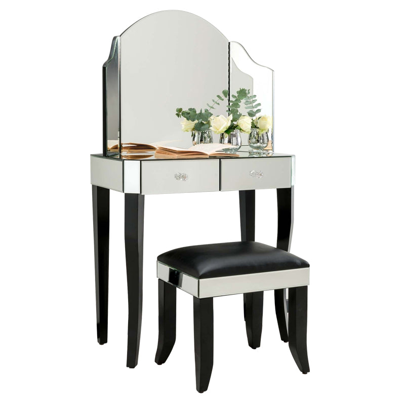 Tri-Folding Mirror Vanity Table Set 31.5" Wide 2-drawer Mirrored Vanity Desk