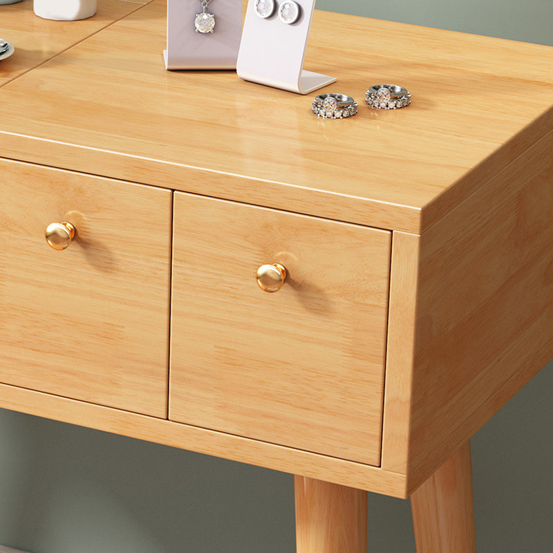 Solid Wood Mirrored Vanity Desk with 3 Drawers Flip-Top Dresser with Stool