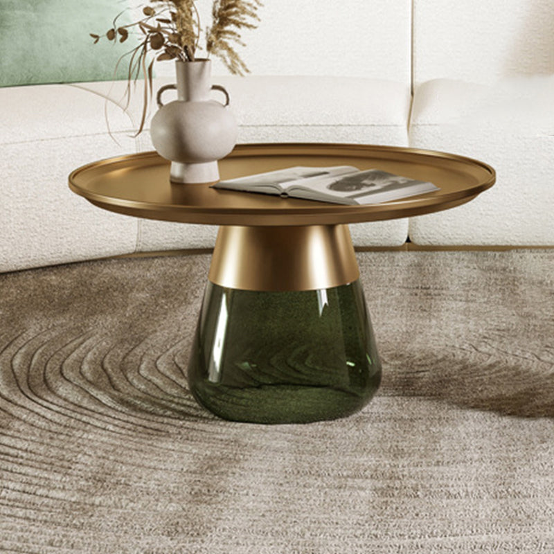 Round Metal Tray Top Coffee Table Glass Pedestal Cocktail Table