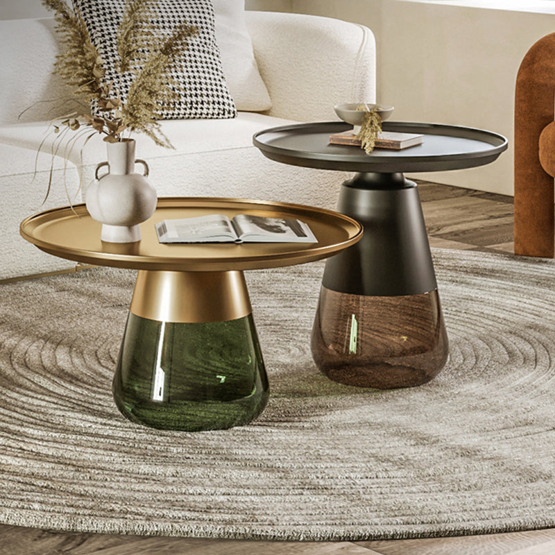 Round Metal Tray Top Coffee Table Glass Pedestal Cocktail Table