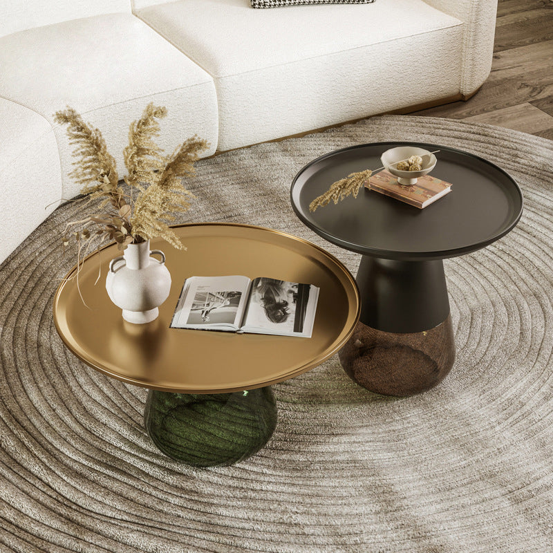 Round Metal Tray Top Coffee Table Glass Pedestal Cocktail Table