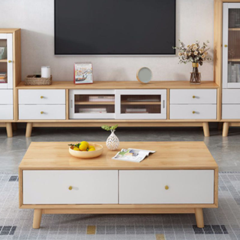 Wooden Coffee Table with 2 Drawers and 4 Wooden Legs in Brone for Living Room