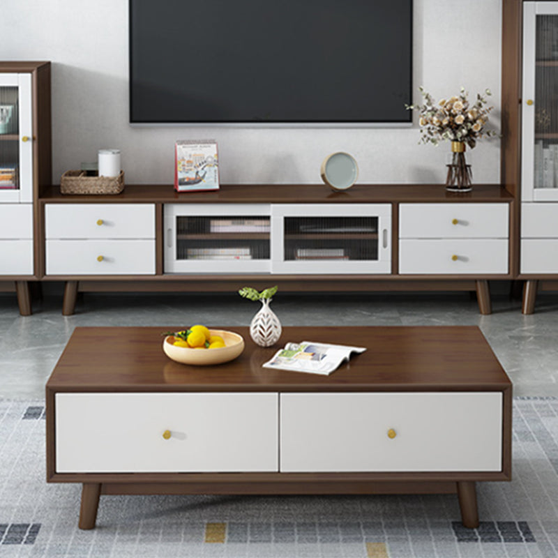 Wooden Coffee Table with 2 Drawers and 4 Wooden Legs in Brone for Living Room