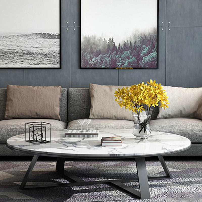 Oval Marble Top Coffee Table with Iron Cross Base Cocktail Table in White