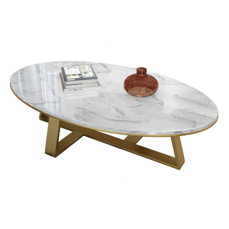 Oval Marble Top Coffee Table with Iron Cross Base Cocktail Table in White