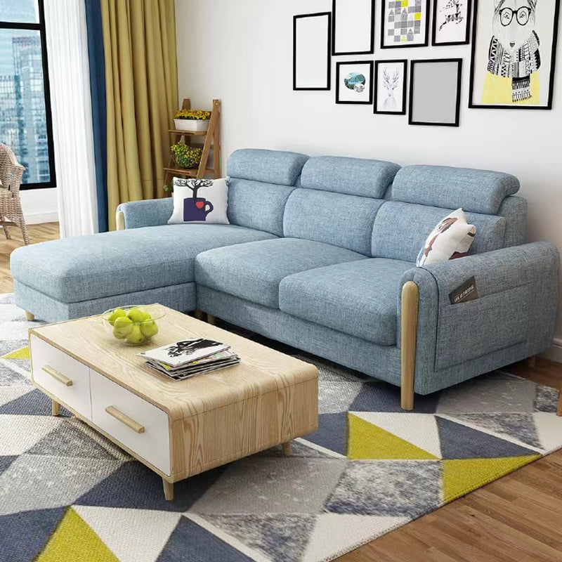 Modern 35.43 " H Blue Cotton Blend Square Arm Sofa & Chaise with Storage