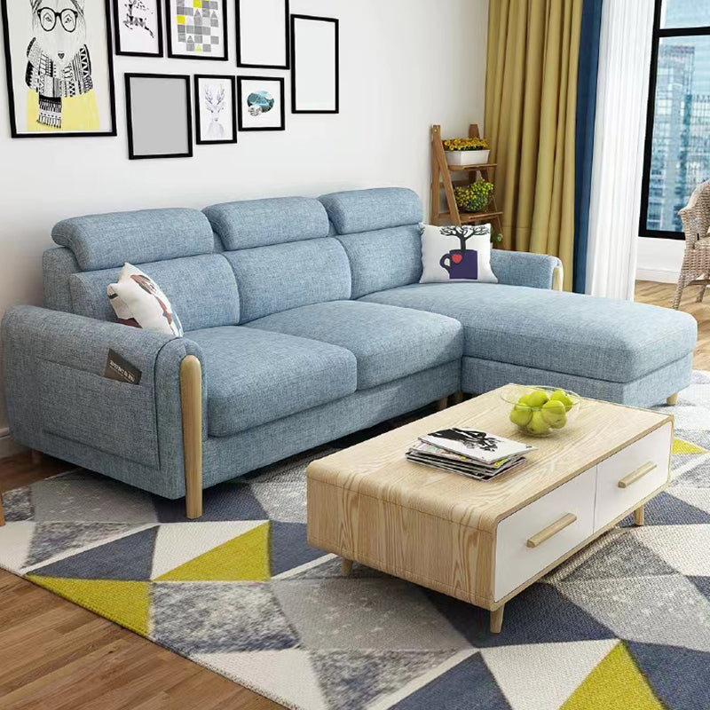 Modern 35.43 " H Blue Cotton Blend Square Arm Sofa & Chaise with Storage