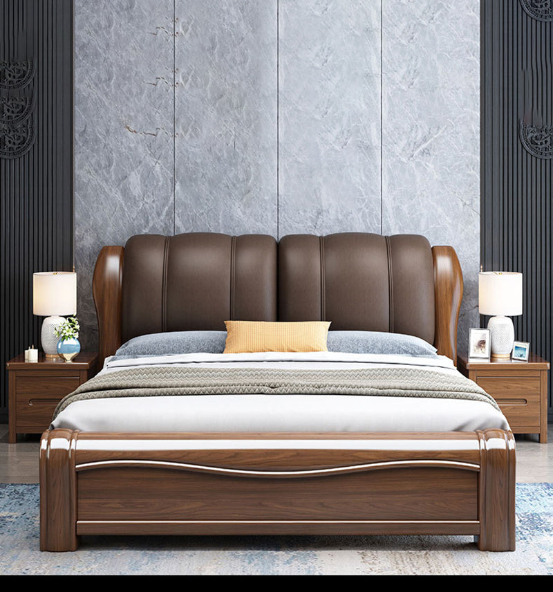 84.65 inch Wide Traditional Bed Frame Walnut Bed with Upholstered Headboard