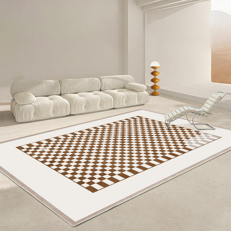 Dark Brown Rug Polyester Check Pattern Rug Stain Resistant Rug for Drawing Room