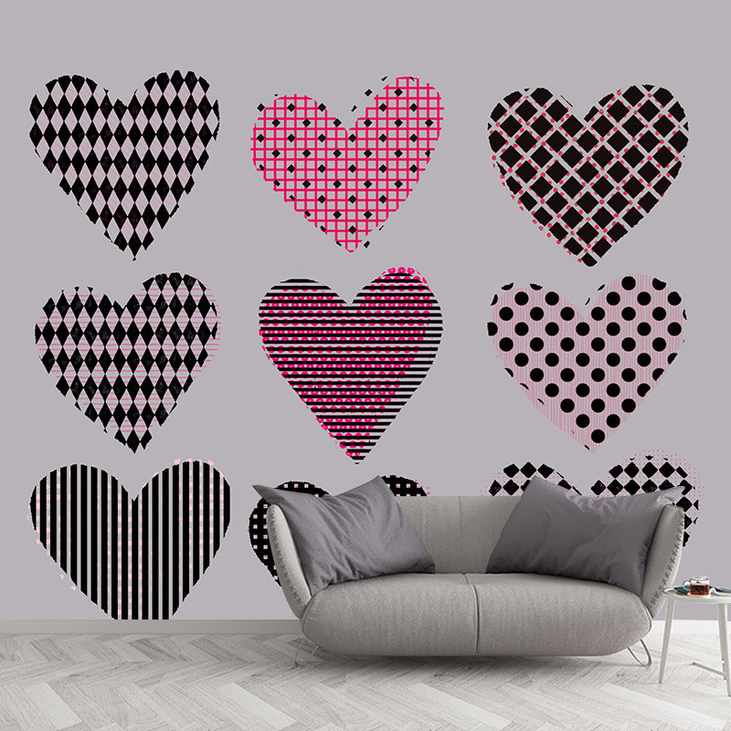 Illustration Stain Resistant Mural Wallpaper Heart Pattern Living Room Wall Mural