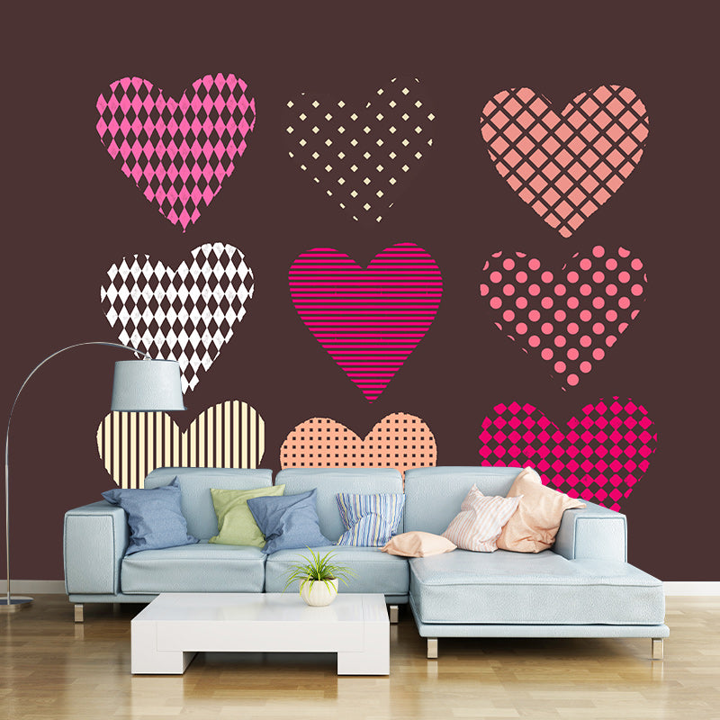 Illustration Stain Resistant Mural Wallpaper Heart Pattern Living Room Wall Mural