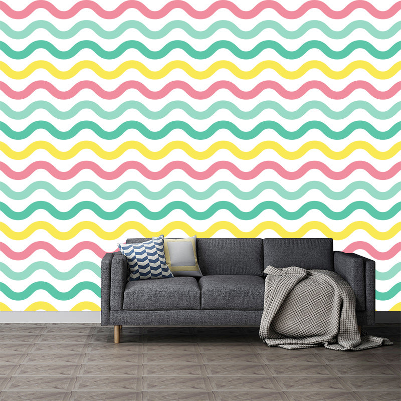 Illustration Stain Resistant Mural Wallpaper Wavy Line Indoor Wall Mural