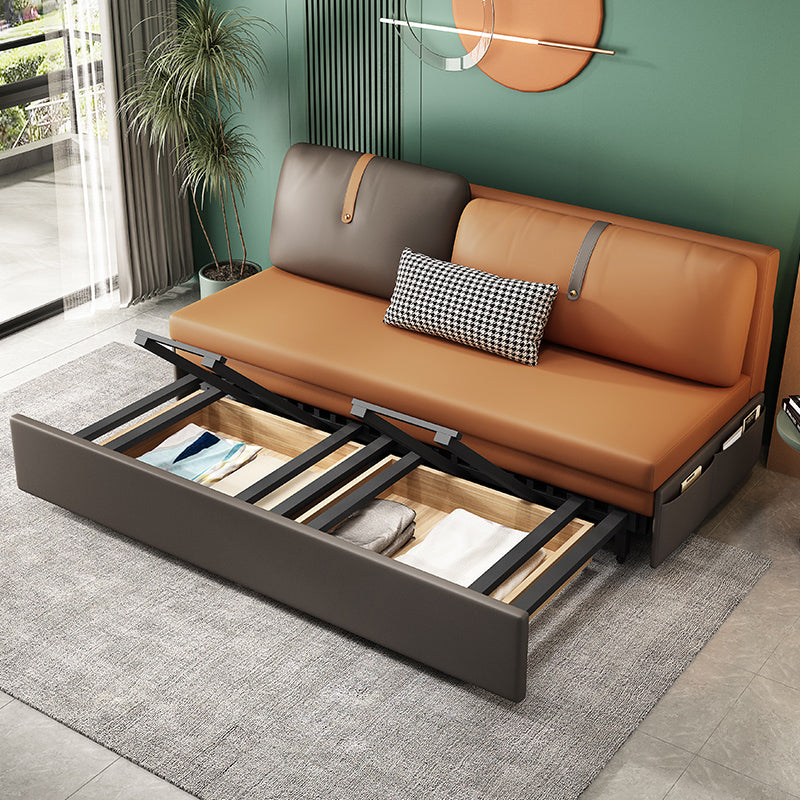 Contemporary Armless Bonded Leather Sofa Bed in Brown with Storage