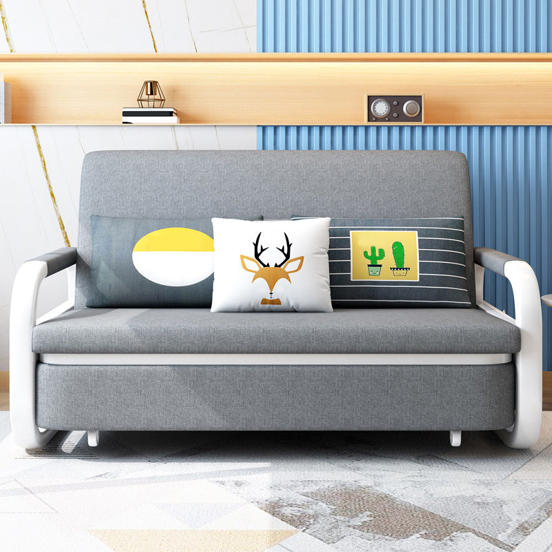 Linen Convertible Sofa Bed in Grey with Square Arms and Storage