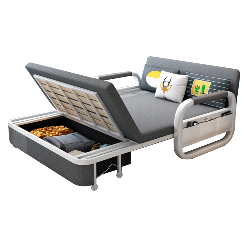 Linen Convertible Sofa Bed in Grey with Square Arms and Storage