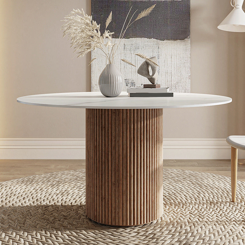 Contemporary Pedestal Table Wood Base Round Stone Dining Table for Home Kitchen