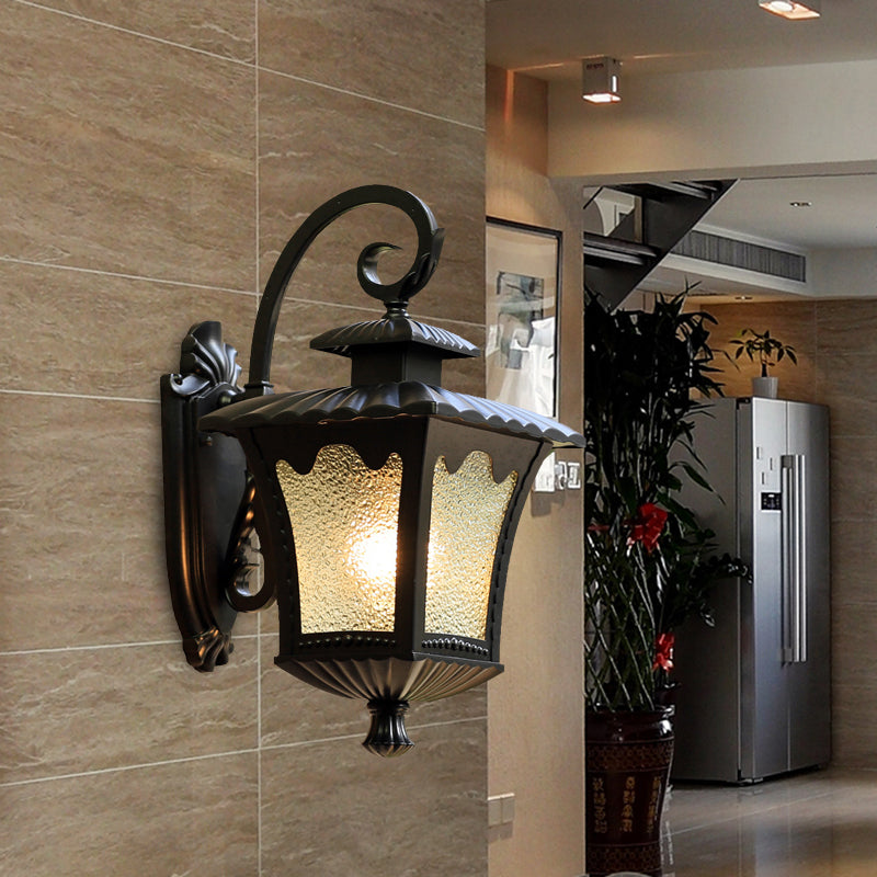 1-Head Tetragonal Lotus Wall Sconce Lodges Black Aluminum Wall Lighting with Water Glass Shade