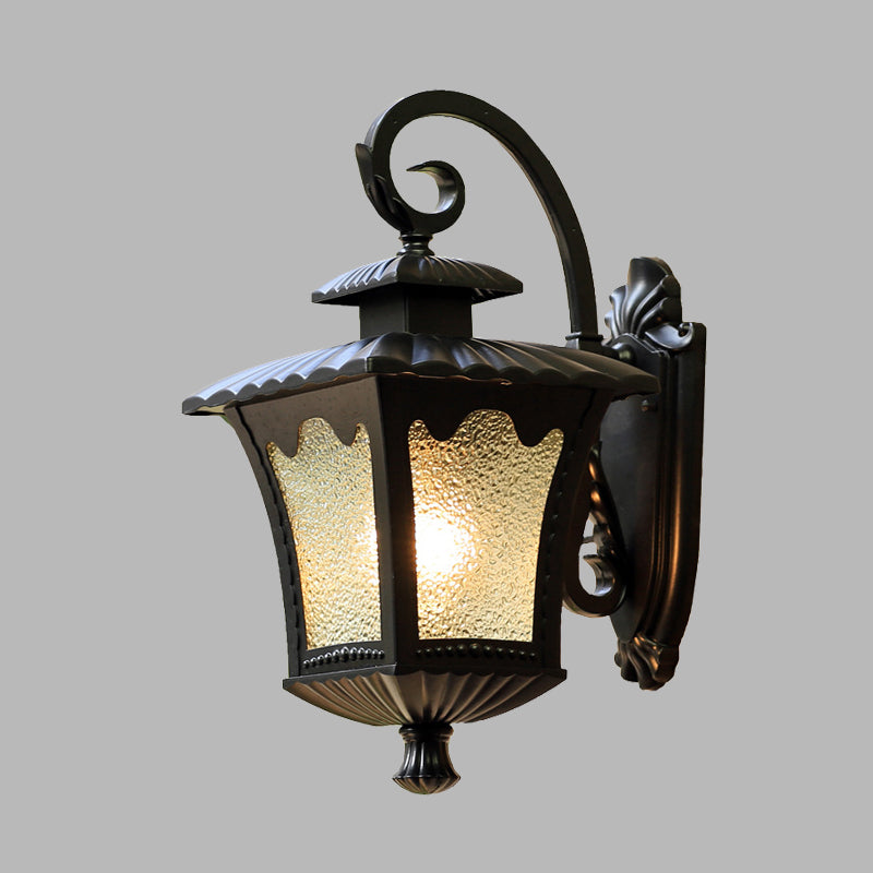 1-Head Tetragonal Lotus Wall Sconce Lodges Black Aluminum Wall Lighting with Water Glass Shade