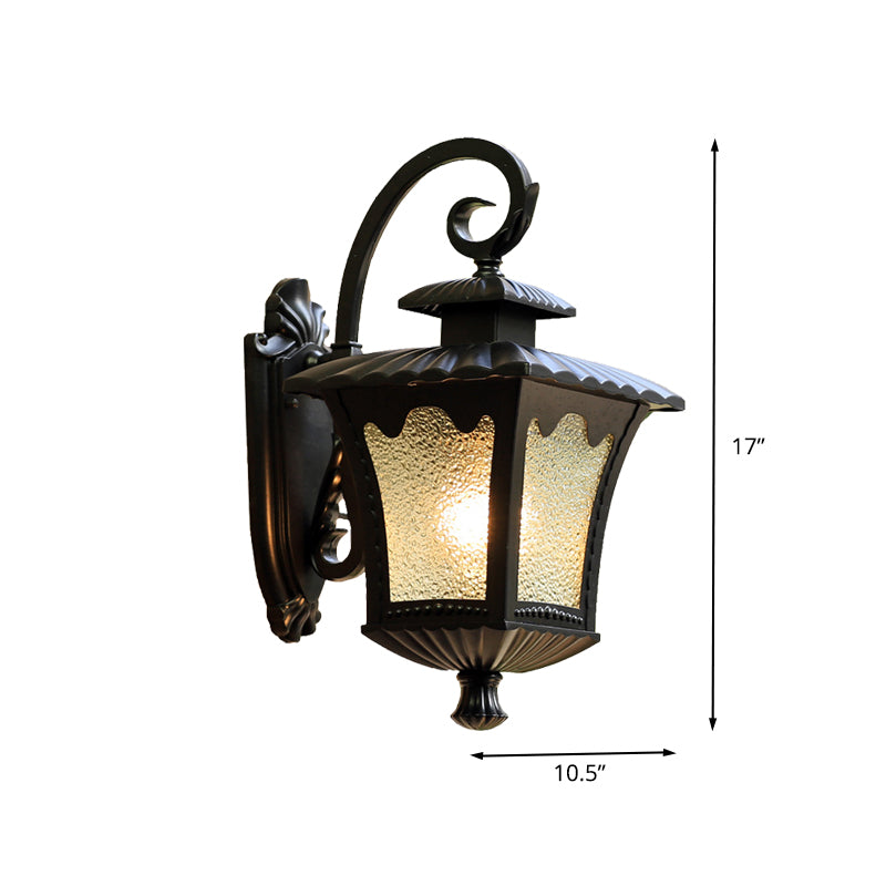 1-Head Tetragonal Lotus Wall Sconce Lodges Black Aluminum Wall Lighting with Water Glass Shade