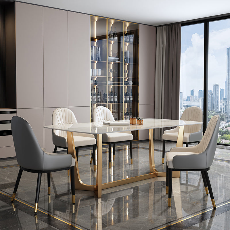 Rectangle Sintered Stone Dining Table Luxury Trestle Base Fixed Table