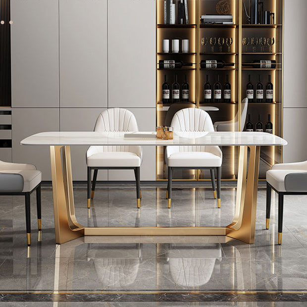 Rectangle Sintered Stone Dining Table Luxury Trestle Base Fixed Table