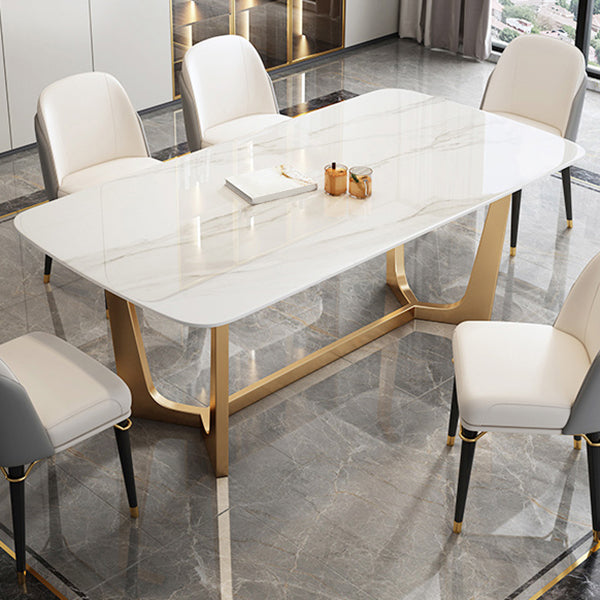 Rectangle Sintered Stone Dining Table Luxury Trestle Base Fixed Table