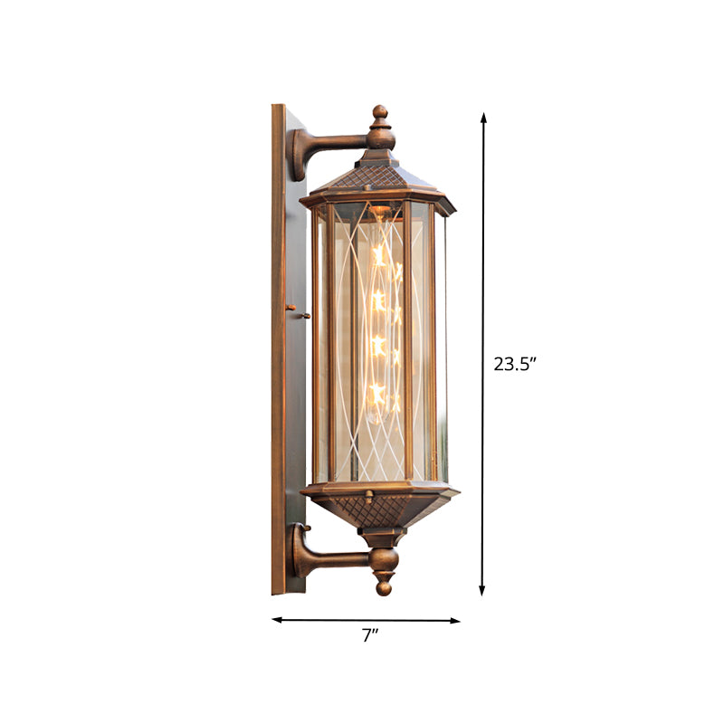 Lodges Rectangle Wall Sconce 1-Head Clear Glass Wall Mounted Lighting in Brass with Double Arm