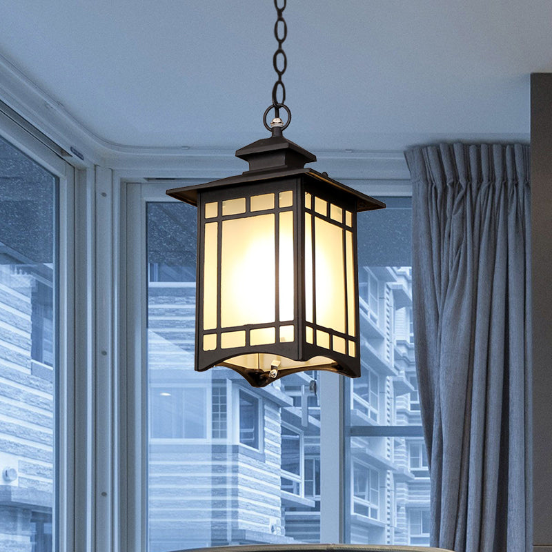 Black Finish Open Bottom Pendant Rustic Frosted Glass 1-Bulb Courtyard Hanging Ceiling Light